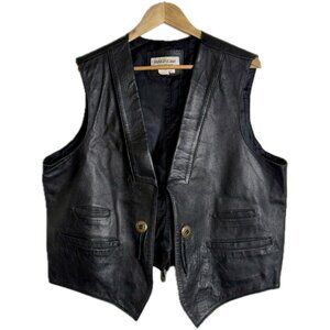 Vintage Leather Vest Men XXL Black Western Buckle Concho Fringe 80s 90s Biker